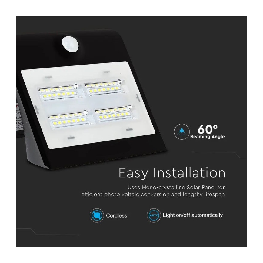 LED Соларен аплик със сензор LED/3W/3,7V 3000/4000K IP65 черен