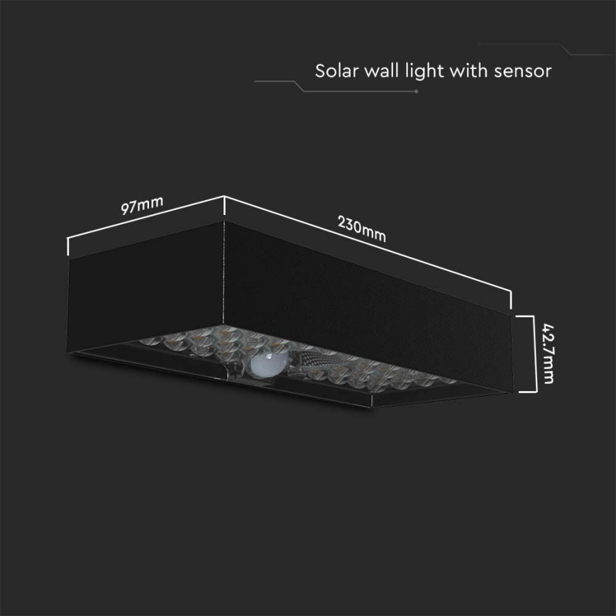 LED Соларен аплик със сензор LED/6W/3,7V IP65 4000K 3000 mAh черен