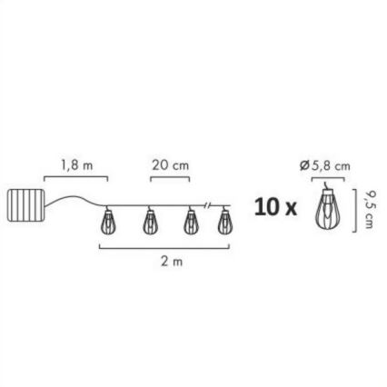 LED Соларен екстериорен верига 10xLED/1,2V 300 mAh 3,8 m IP44