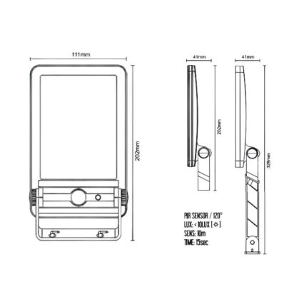 LED соларен прожектор със сензор LED/5W/3,7V 4000K 1500 mAh IP54 черен