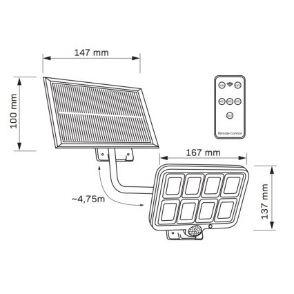 LED Соларен прожектор със сензор INTEGRA LED/3W/3,7V 1200 mAh IP44 + дистанционно управление