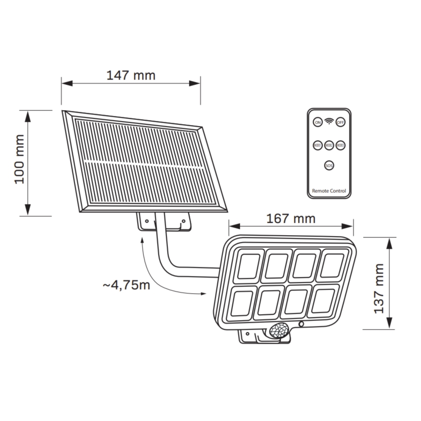 LED Соларен прожектор със сензор INTEGRA LED/3W/3,7V 1200 mAh IP44 + дистанционно управление