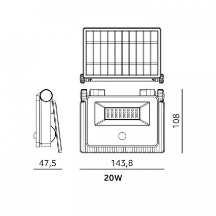LED соларен прожектор със сензор NCS G2 LED/20W/3,7V 3000/4000/6500K IP54 2600 mAh