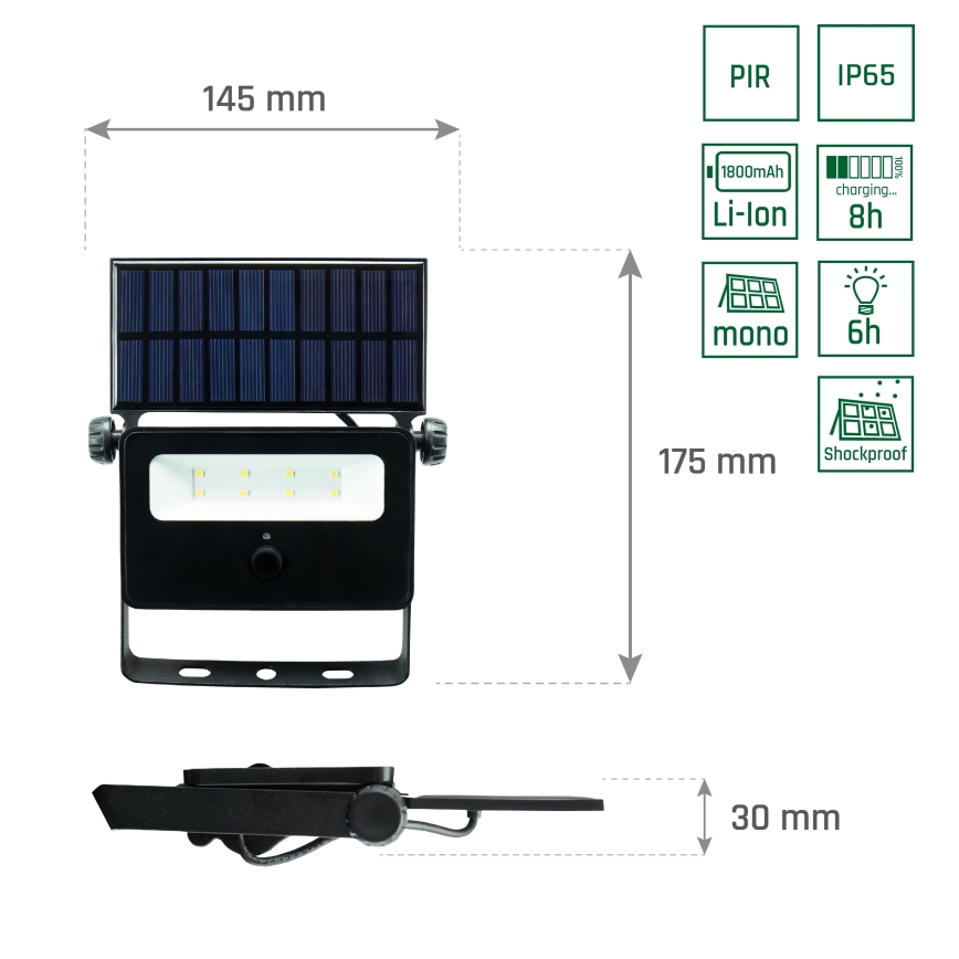 LED Соларен прожектор със сензор NOCTIS LED/2W/1800 mAh 3,7V 6000K IP65