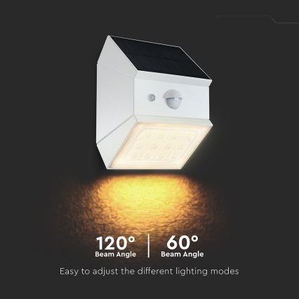 LED стенен соларен осветител със сензор LED/2,5W/3,7V 3000/4000/6000K IP65 1200 mAh бял