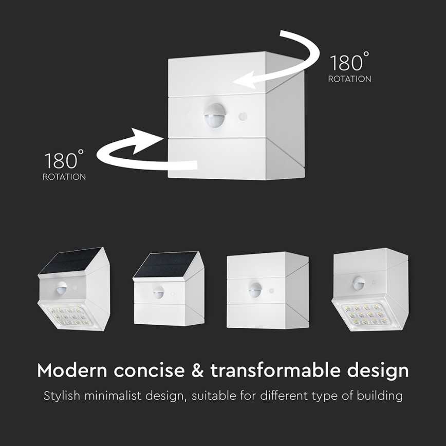 LED стенен соларен осветител със сензор LED/2,5W/3,7V 3000/4000/6000K IP65 1200 mAh бял