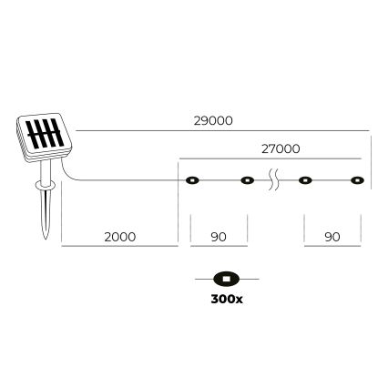 LED - Соларен верига 300xLED/0,12W/1,2V 1xAA 27 m IP44 3000K 800 mAh