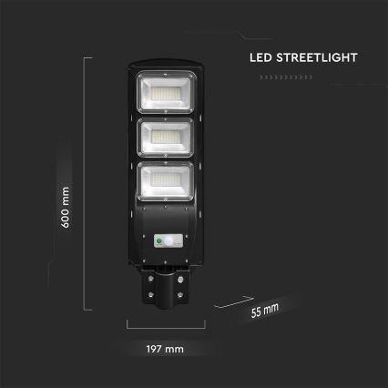 LED регулируема соларна улична лампа с датчик за движение и здрач LED/12W/3,2V 6000K IP65 10000 mAh черна + дистанционно управление