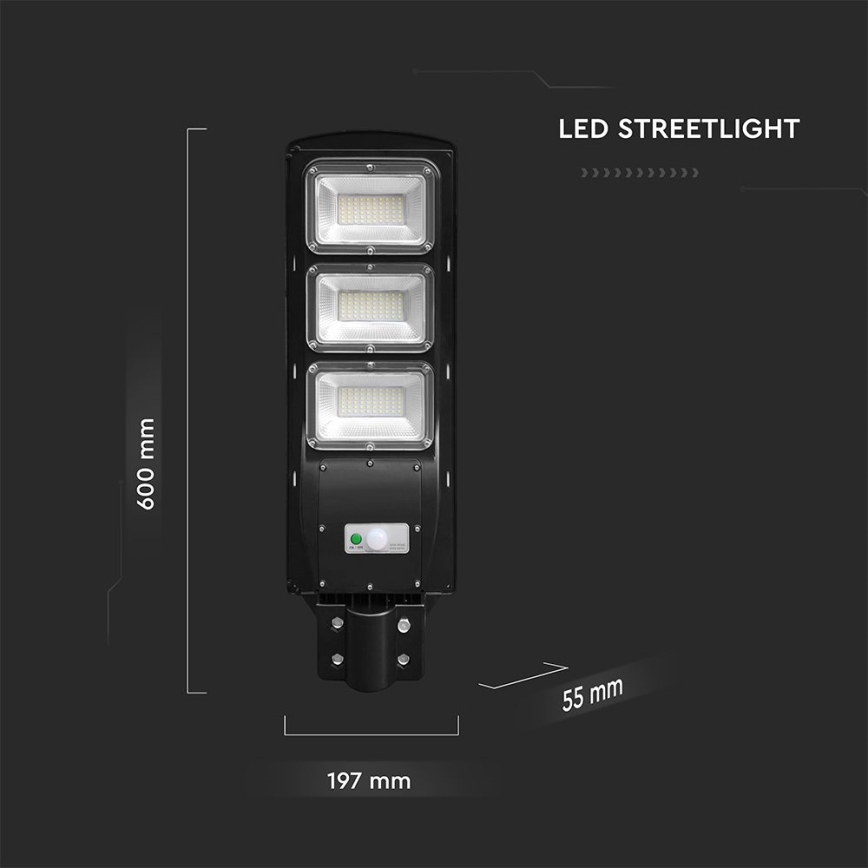 LED регулируема соларна улична лампа с датчик за движение и здрач LED/12W/3,2V 6000K IP65 10000 mAh черна + дистанционно управление