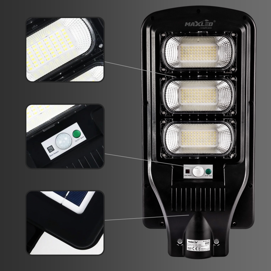 LED Димируема соларна улична лампа със сензор LED/180W/6V 11000 mAh 6500K IP65 черен + дистанционно управление