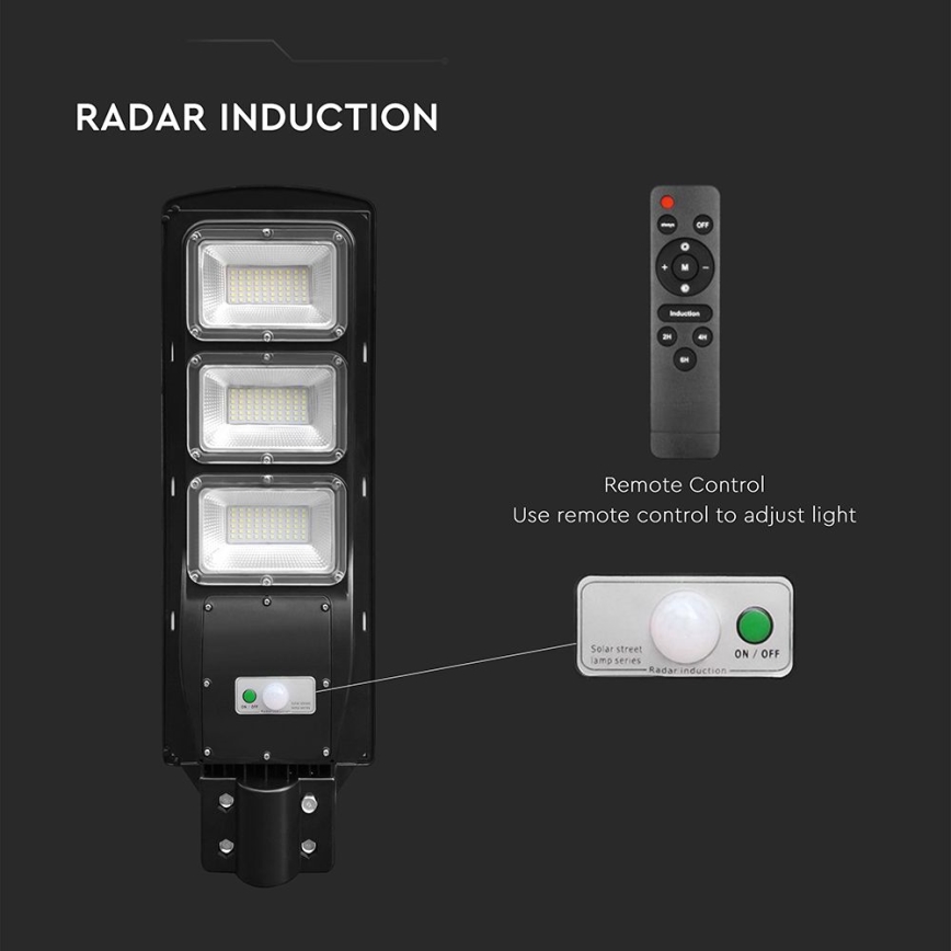 LED регулируема соларна улична лампа с датчик за движение и здрач LED/12W/3,2V 6000K IP65 10000 mAh черна + дистанционно управление