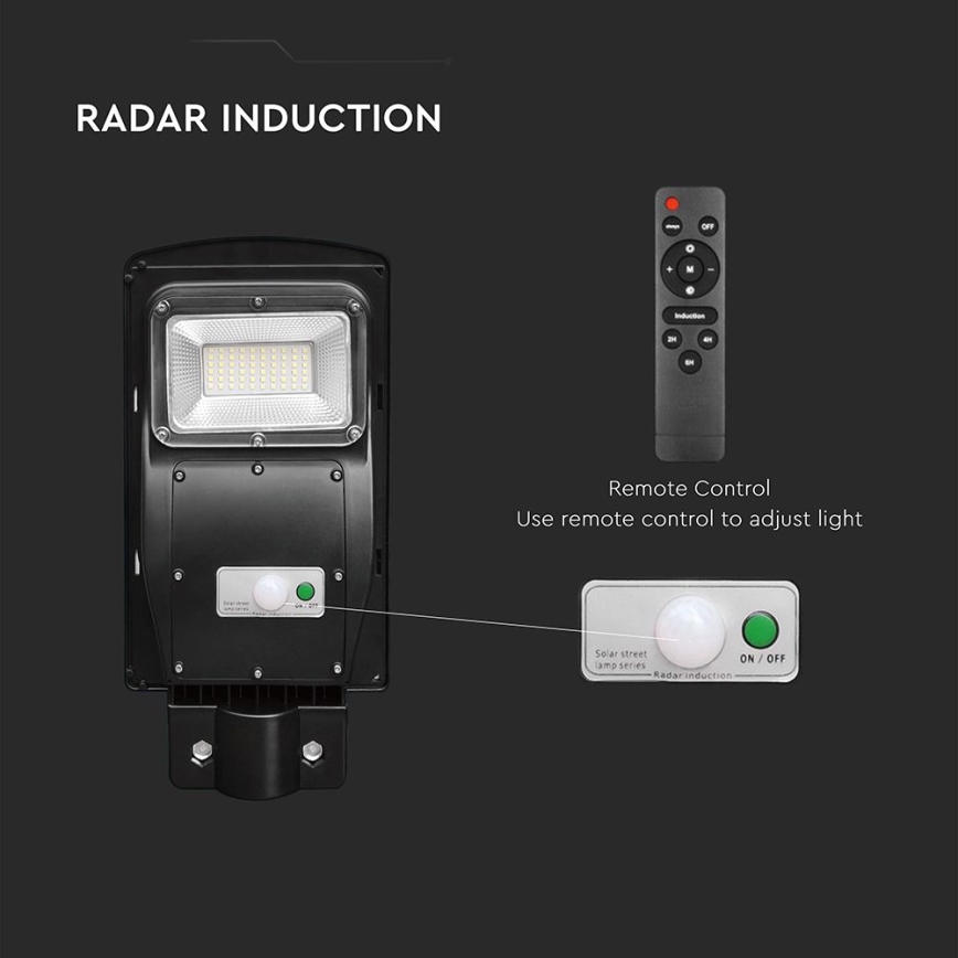 LED регулируема соларна улична лампа с датчик за движение и здрач LED/6W/3,2V 6000K IP65 5000 mAh черна + дистанционно управление