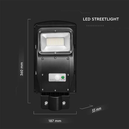 LED регулируема соларна улична лампа с датчик за движение и здрач LED/6W/3,2V 6000K IP65 5000 mAh черна + дистанционно управление