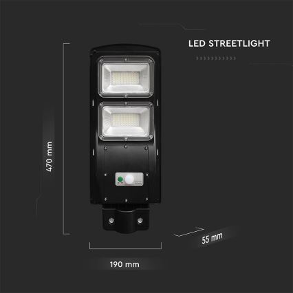 LED регулируема соларна улична лампа с датчик за движение и здрач LED/8W/3,2V 6000K IP65 9000 mAh черна + дистанционно управление
