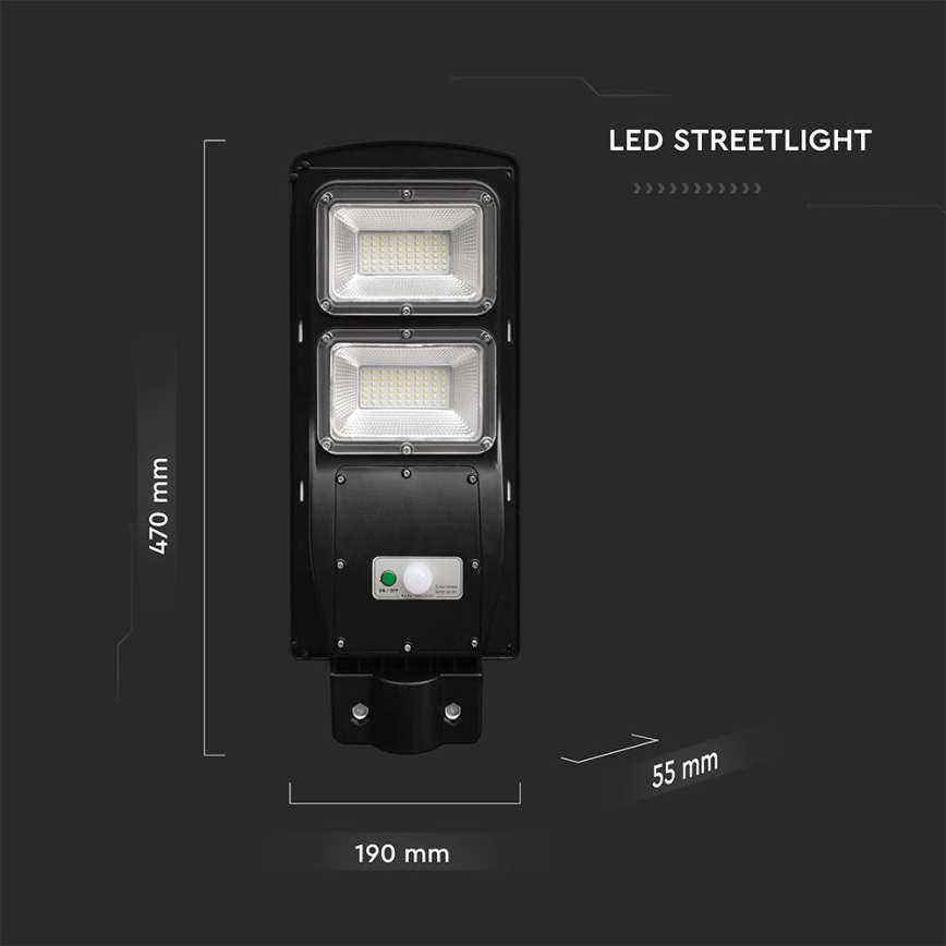 LED регулируема соларна улична лампа с датчик за движение и здрач LED/8W/3,2V 6000K IP65 9000 mAh черна + дистанционно управление