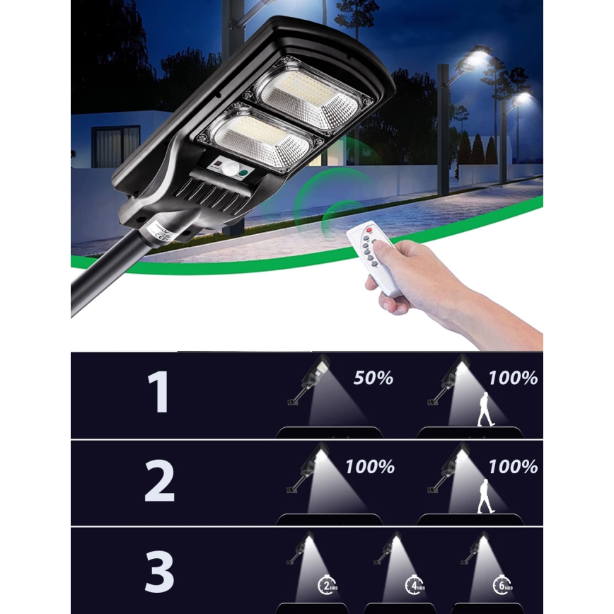 LED Димируема соларна улична лампа със сензор LED/120W/6V 6500K IP65 черен + дистанционно управление