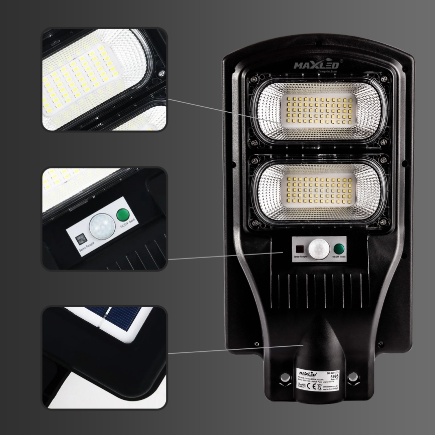 LED Димируема соларна улична лампа със сензор LED/120W/6V 6500K IP65 черен + дистанционно управление