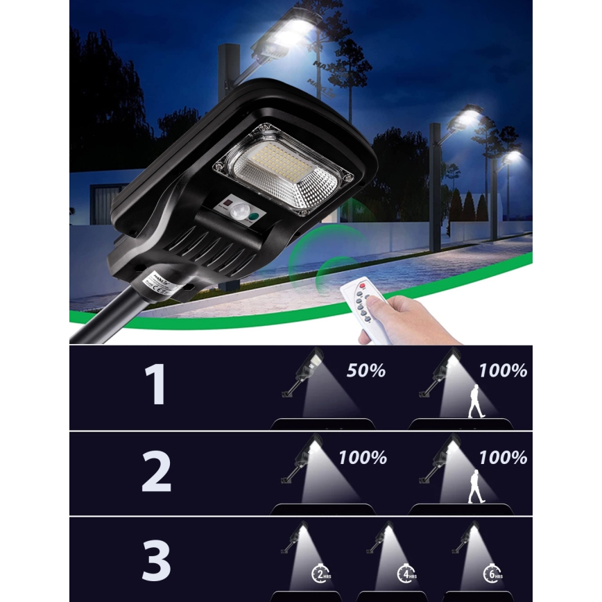 LED Димируема соларна улична лампа със сензор LED/150W/6V 6500K IP65 черен + дистанционно управление