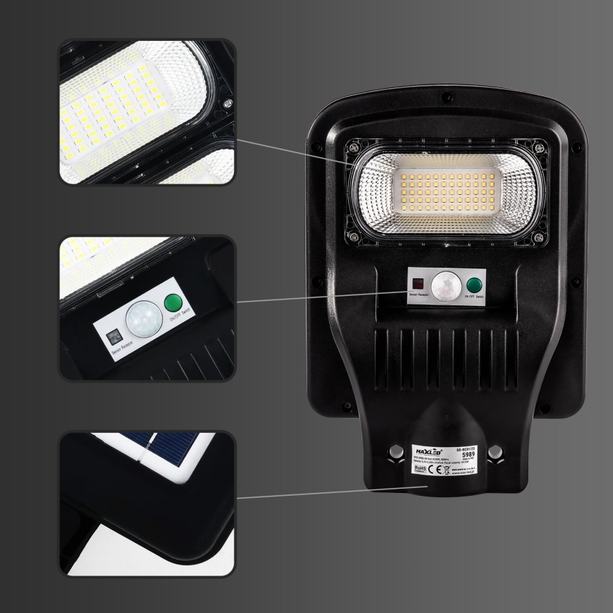 LED Димируема соларна улична лампа със сензор LED/150W/6V 6500K IP65 черен + дистанционно управление