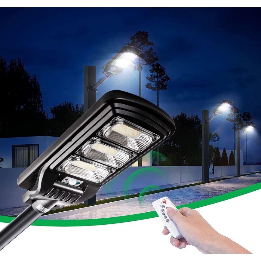 LED Димируема соларна улична лампа със сензор LED/180W/6V 6500K IP65 черен + дистанционно управление