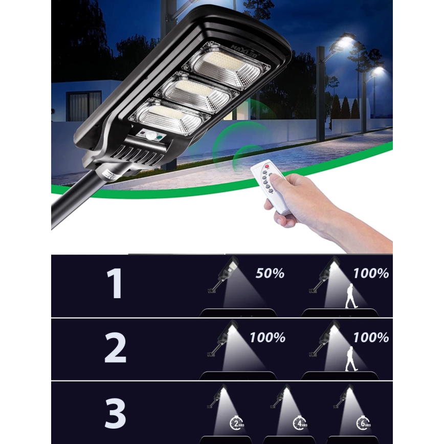 LED Димируема соларна улична лампа със сензор LED/180W/6V 6500K IP65 черен + дистанционно управление