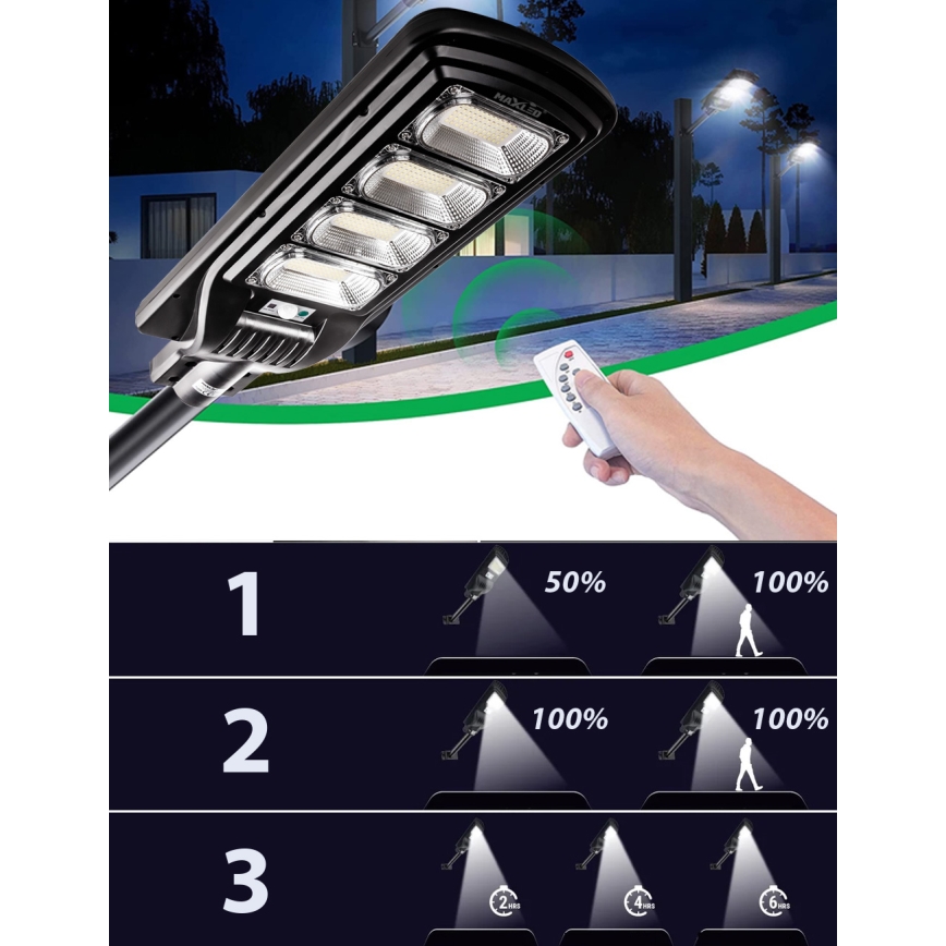 LED Димируема соларна улична лампа със сензор LED/240W/6V 6500K IP65 черен + дистанционно управление