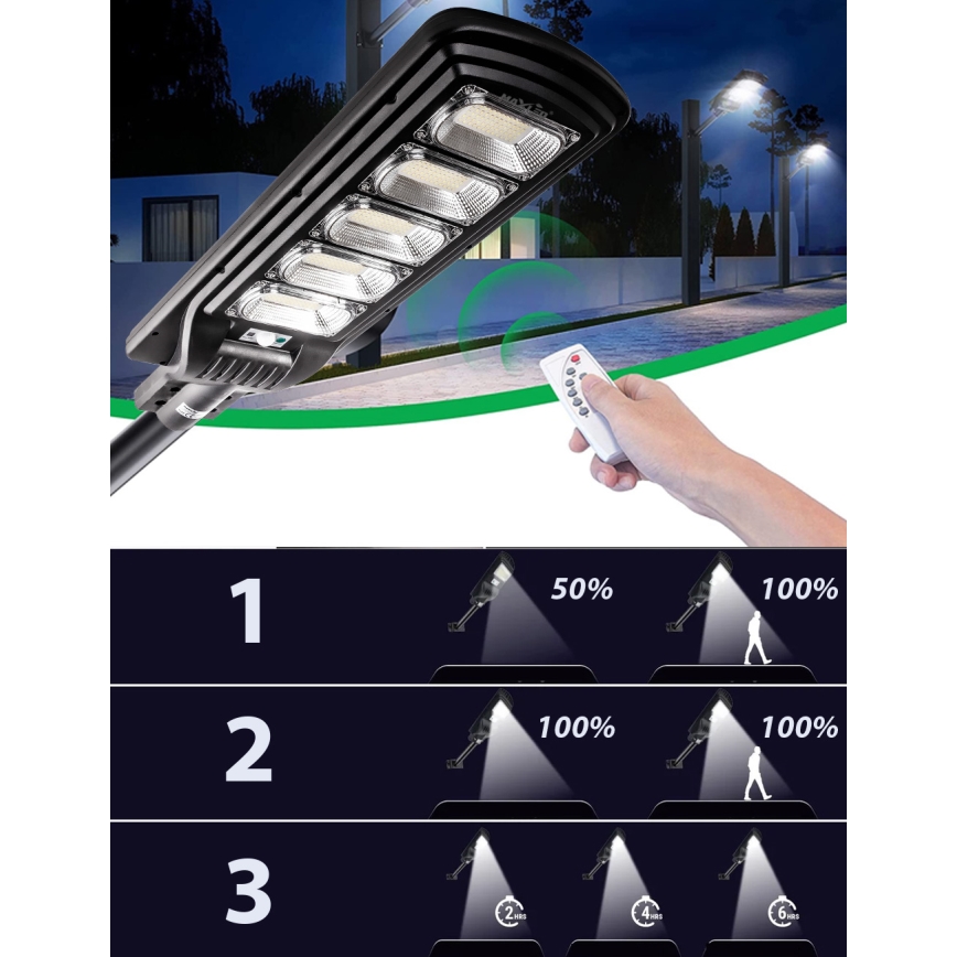 LED Димируема соларна улична лампа със сензор LED/300W/6V 6500K IP65 черен + дистанционно управление