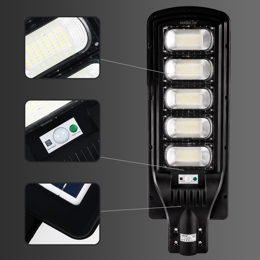 LED Димируема соларна улична лампа със сензор LED/300W/6V 6500K IP65 черен + дистанционно управление
