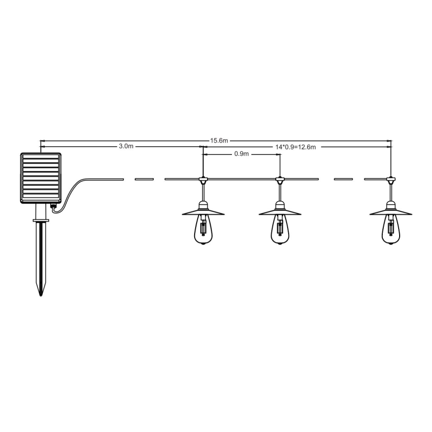 LED Соларна верига 15xLED/0,2W/3,7V 15,6 м 3000K IP44