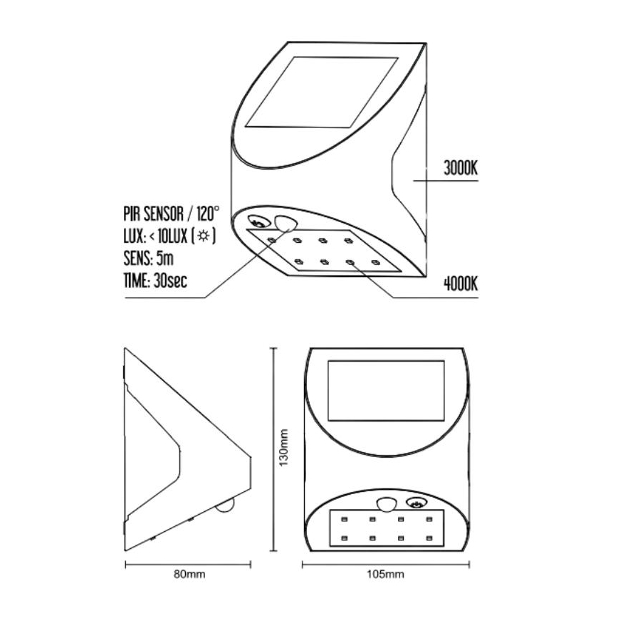 LED соларно стенно осветително тяло със сензор LED/3W/3,7V 3000/4000K 1200 mAh IP54 черно