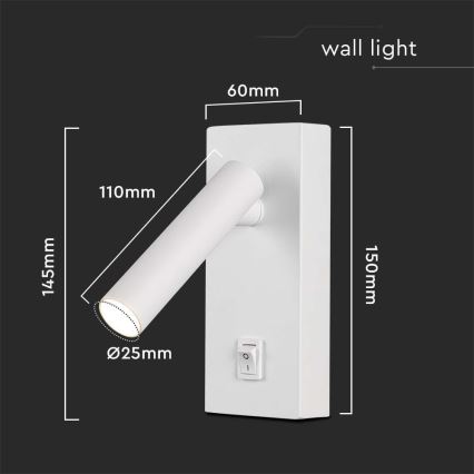 LED Стенен спот с превключвател LED/2W/230V 3000K бял