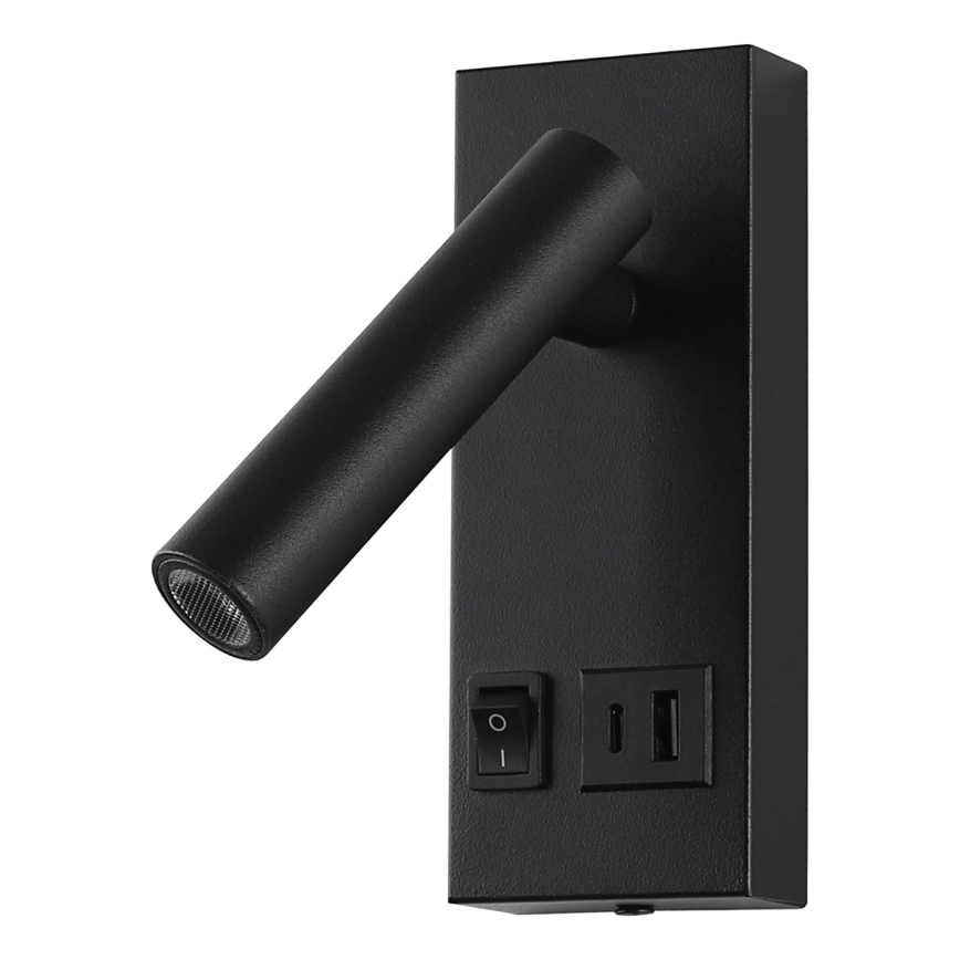 LED Стенен спот с  USB LED/2W/230V черен