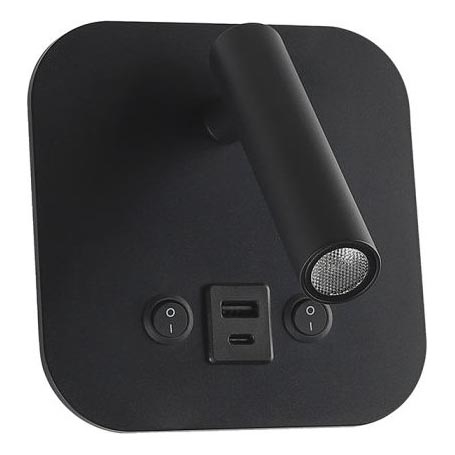 LED стенен спот с USB порт LED/8W/230V 3000K черен