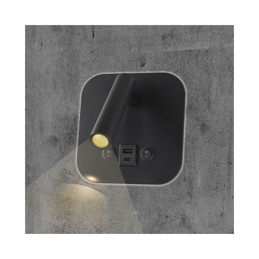 LED стенен спот с USB порт LED/8W/230V 3000K черен