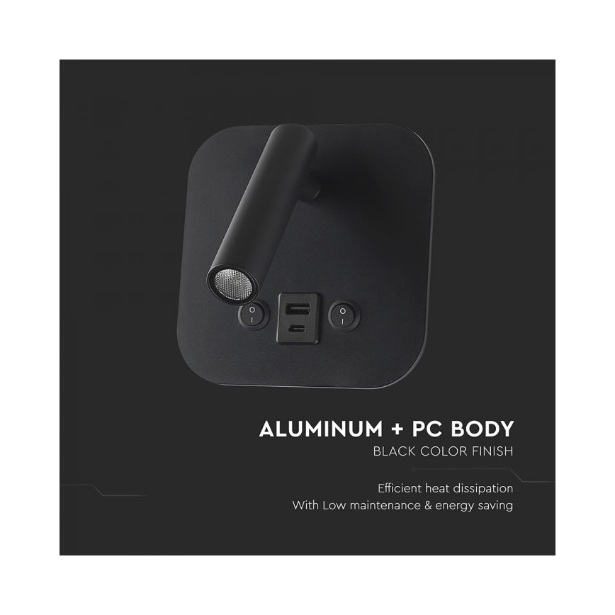 LED стенен спот с USB порт LED/8W/230V 3000K черен