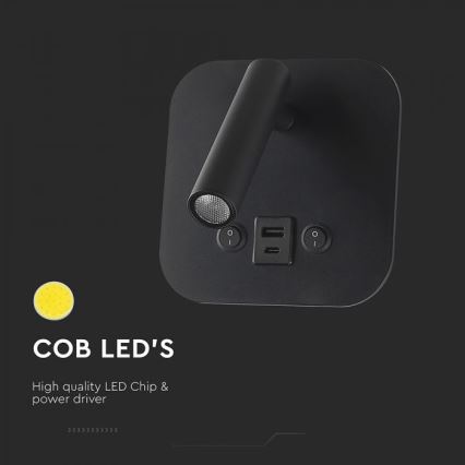 LED стенен спот с USB порт LED/8W/230V 3000K черен