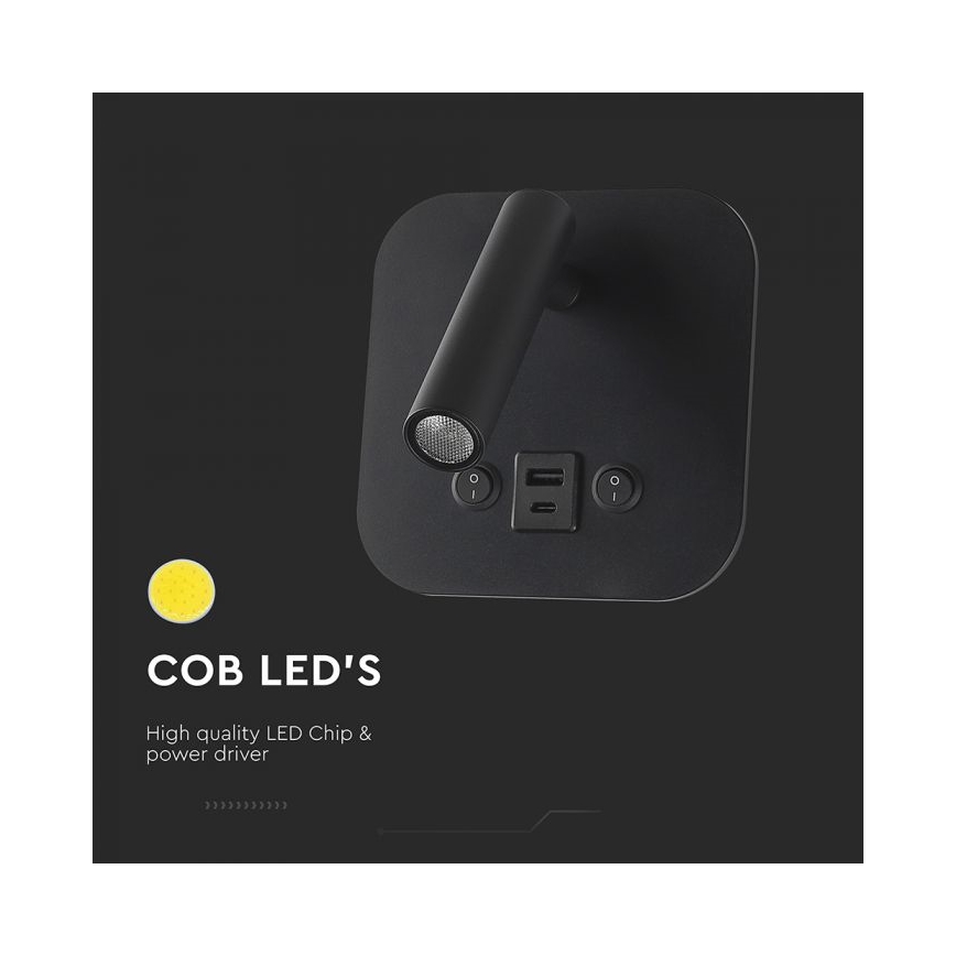 LED стенен спот с USB порт LED/8W/230V 3000K черен