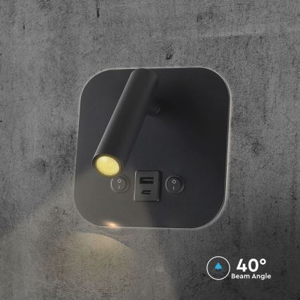 LED стенен спот с USB порт LED/8W/230V 3000K черен