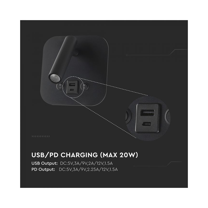 LED стенен спот с USB порт LED/8W/230V 3000K черен