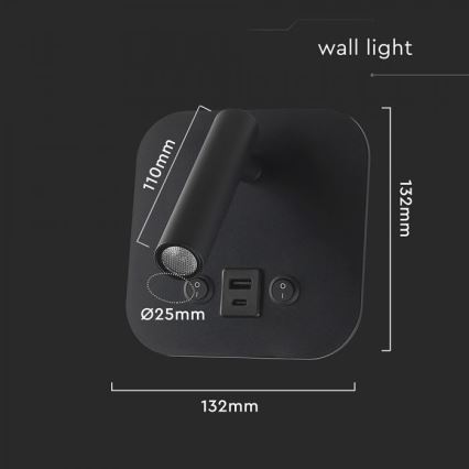 LED стенен спот с USB порт LED/8W/230V 3000K черен