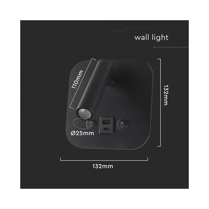 LED стенен спот с USB порт LED/8W/230V 3000K черен