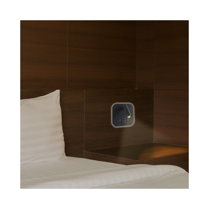 LED стенен спот с USB порт LED/8W/230V 3000K черен