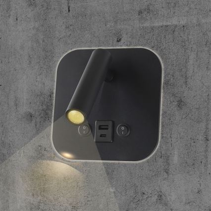 LED стенен спот с USB порт LED/8W/230V 3000K черен