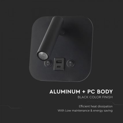 LED стенен спот с USB порт LED/8W/230V 3000K черен