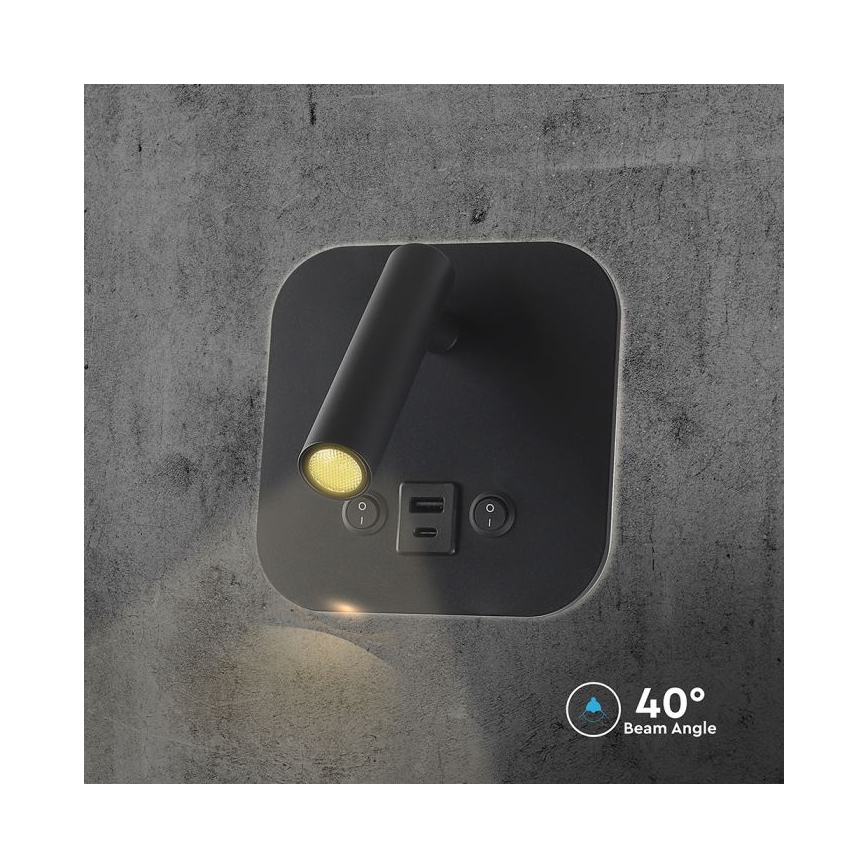 LED стенен спот с USB порт LED/8W/230V 3000K черен