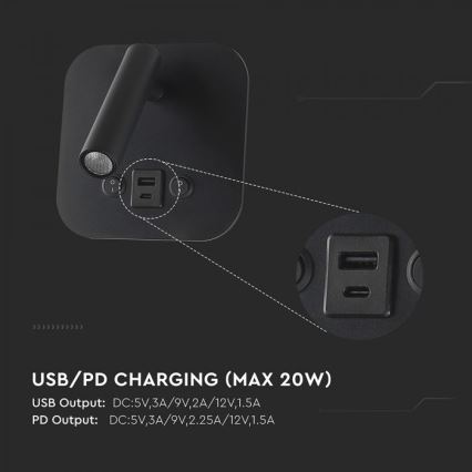 LED стенен спот с USB порт LED/8W/230V 3000K черен