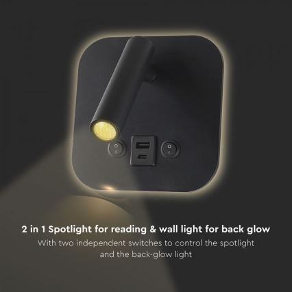 LED стенен спот с USB порт LED/8W/230V 3000K черен