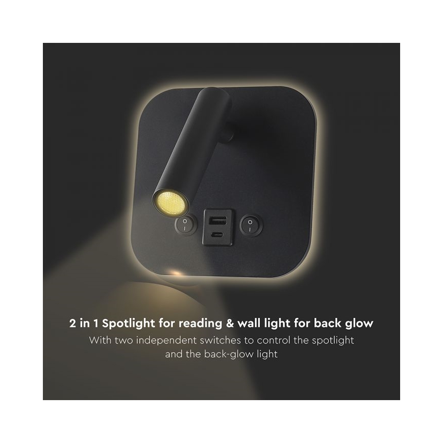 LED стенен спот с USB порт LED/8W/230V 3000K черен