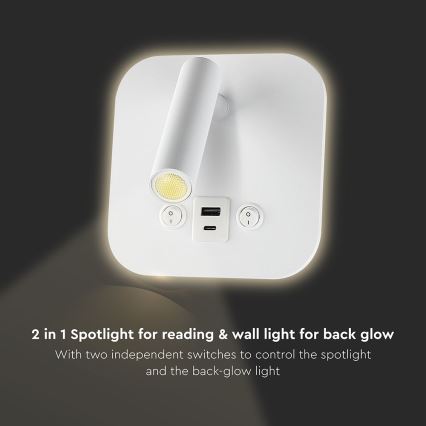 LED стенен точков аплик с USB порт LED/8W/230V 3000K бял