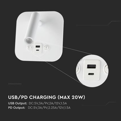 LED стенен точков аплик с USB порт LED/8W/230V 3000K бял